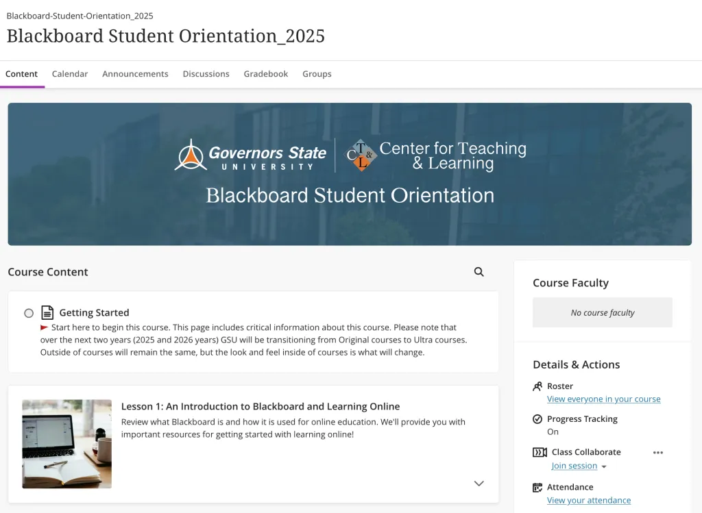 Blackboard Student Orientation Course Layout in Ultra